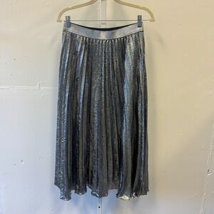 NWT Lucy Paris Metallic Silver Pleated Midi Skirt Charcoal Gray Women's Medium